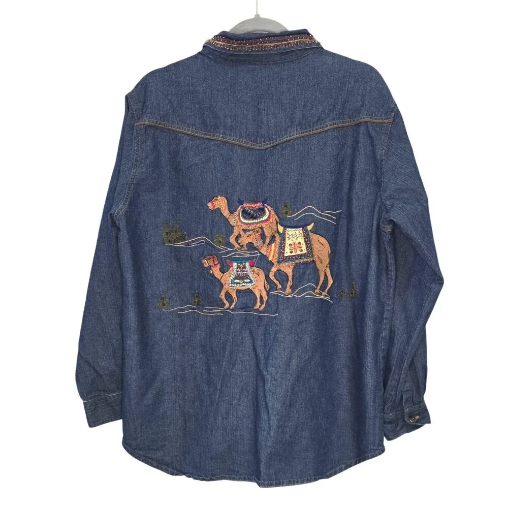 Chicos Vintage Denim Zip-Up Shirt Embroidered & Beaded Camel &Collar Boho READ - Picture 1 of 12